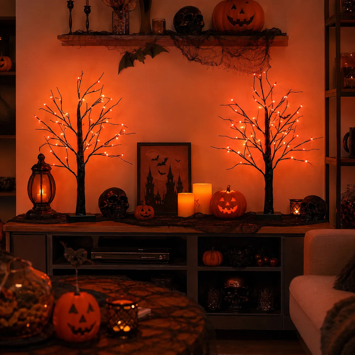 Halloween Tree Lights, 2 Pack LED Orange Purple Halloween Decor 2 Pack Halloween Tree Lights with 48 LEDs, Orange & Purple Glow, USB and Battery Powered for Indoor Halloween Decorations