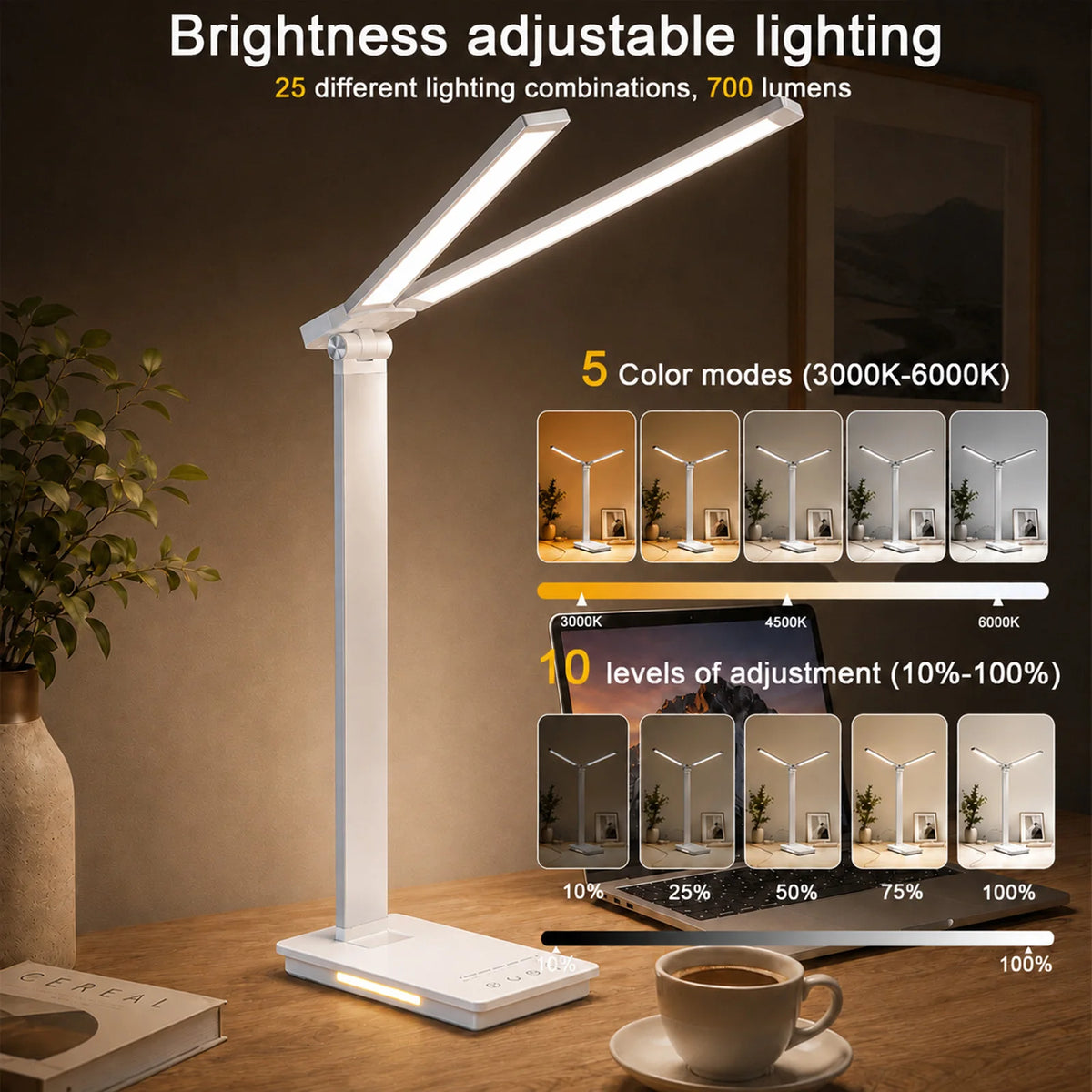 Double Head LED Desk Lamp 13W USB Power 88 LEDs Foldable Reading Light 5 Color Modes Dimmable 3000K-6000K Portable Table Lamp Adjustable Eye-Caring for Home Office Study Bedroom Dorm Living Room