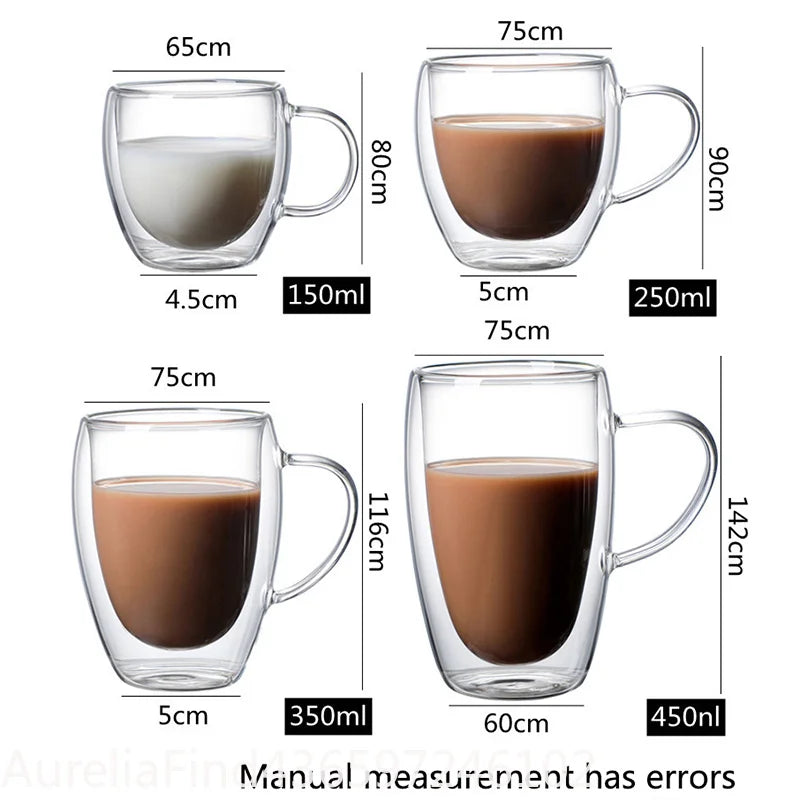 150/250/350/450ml Heat‑Resistant Double‑Wall Transparent Glass Mug For Coffee Tea Milk Whiskey Wine Cold‑Beverage Household Drinkware