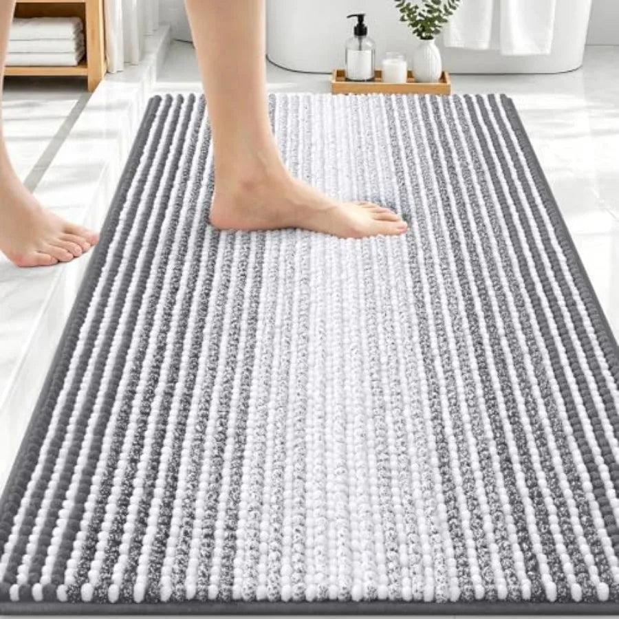 Extra Soft Absorbent Chenille Striped Bath Mat With Rubber Backing