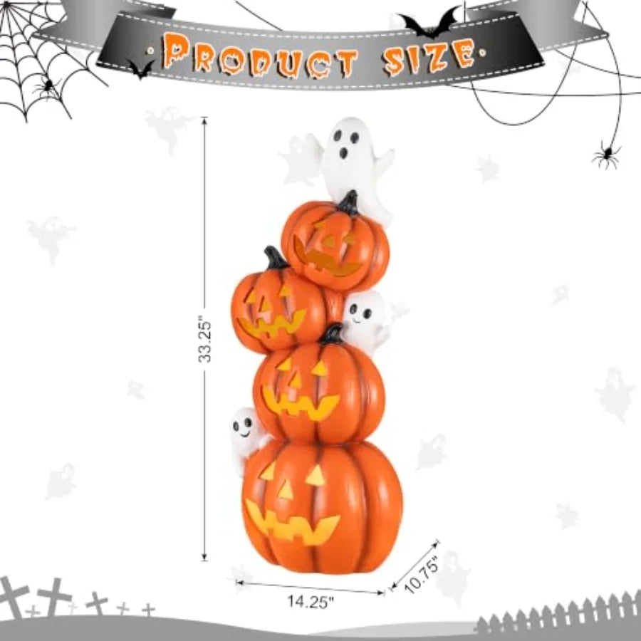 Halloween porch decor: lighted stacked jack-o-lantern statue, MGO material, orange and white, timer function for indoor/outdoor