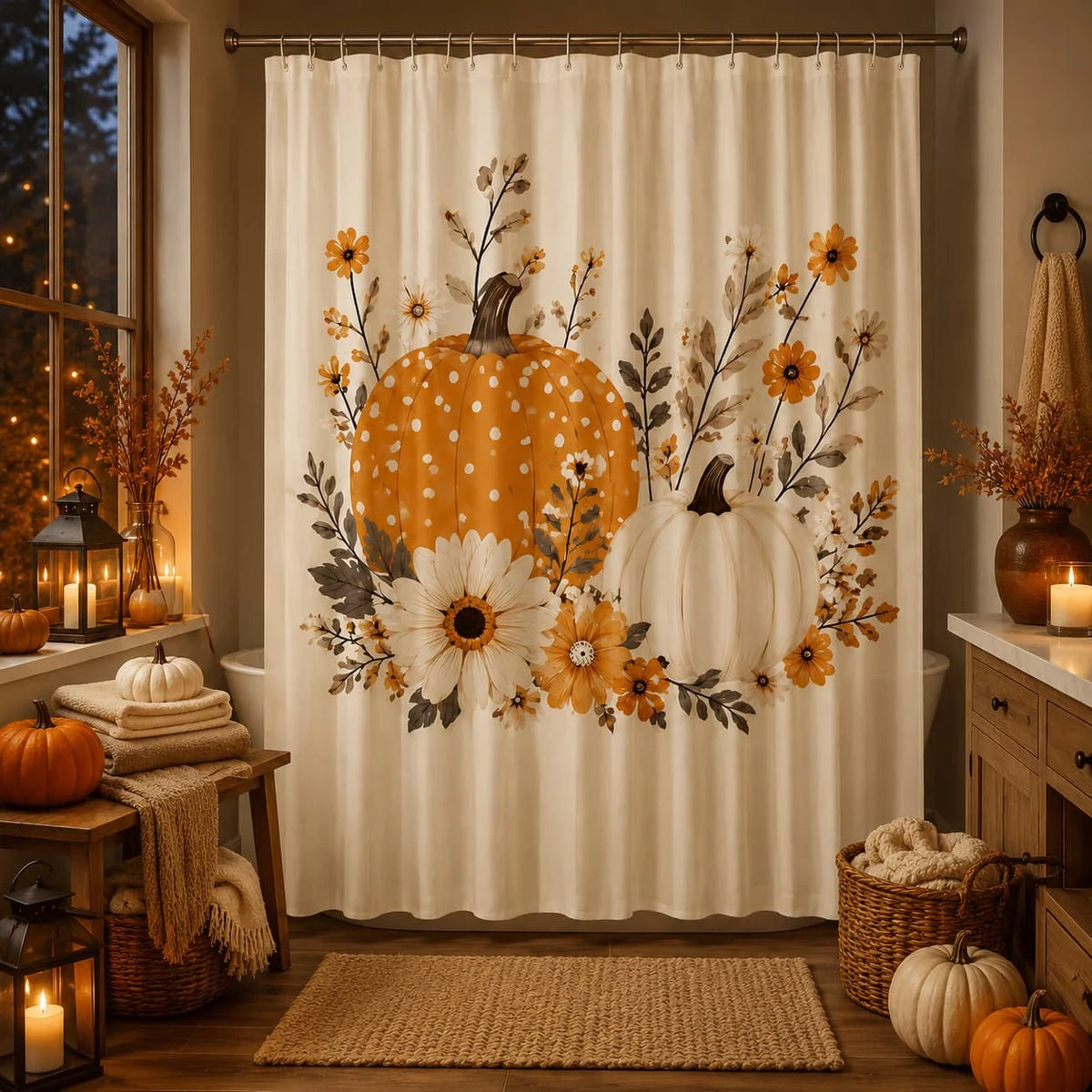 Autumn Pumpkin Floral Shower Curtain 71X71 Inches Polyester Fabric Farmhouse Fall Bathroom Decor with 12 Hooks Rustic Orange White Pumpkin Daisy Botanical Print
