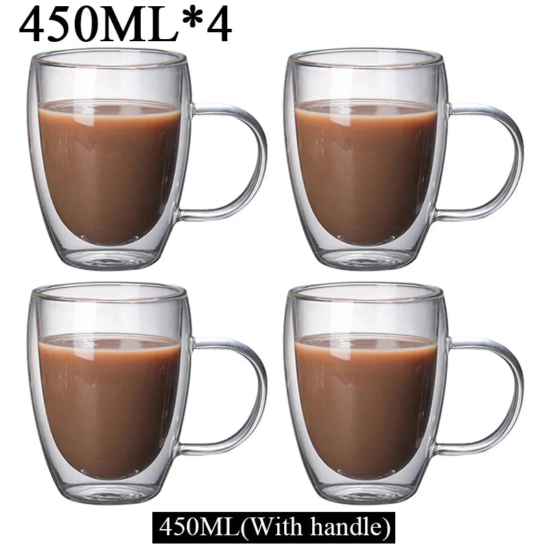 150/250/350/450ml Heat‑Resistant Double‑Wall Transparent Glass Mug For Coffee Tea Milk Whiskey Wine Cold‑Beverage Household Drinkware