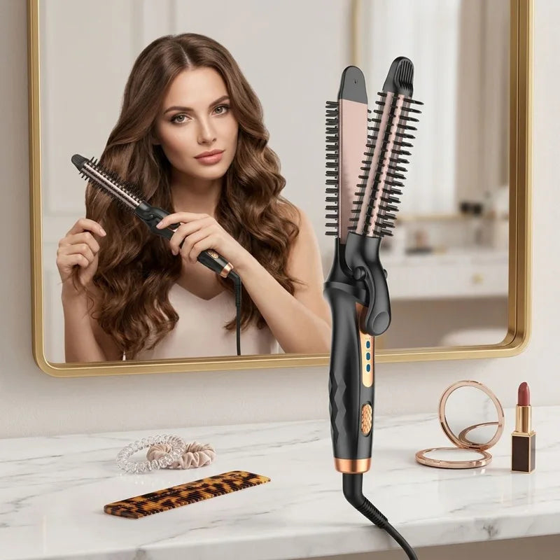 New type of multi-functional LED PTC hair styling tool - electric hair curler and straightening comb - suitable for both home use and travel.
