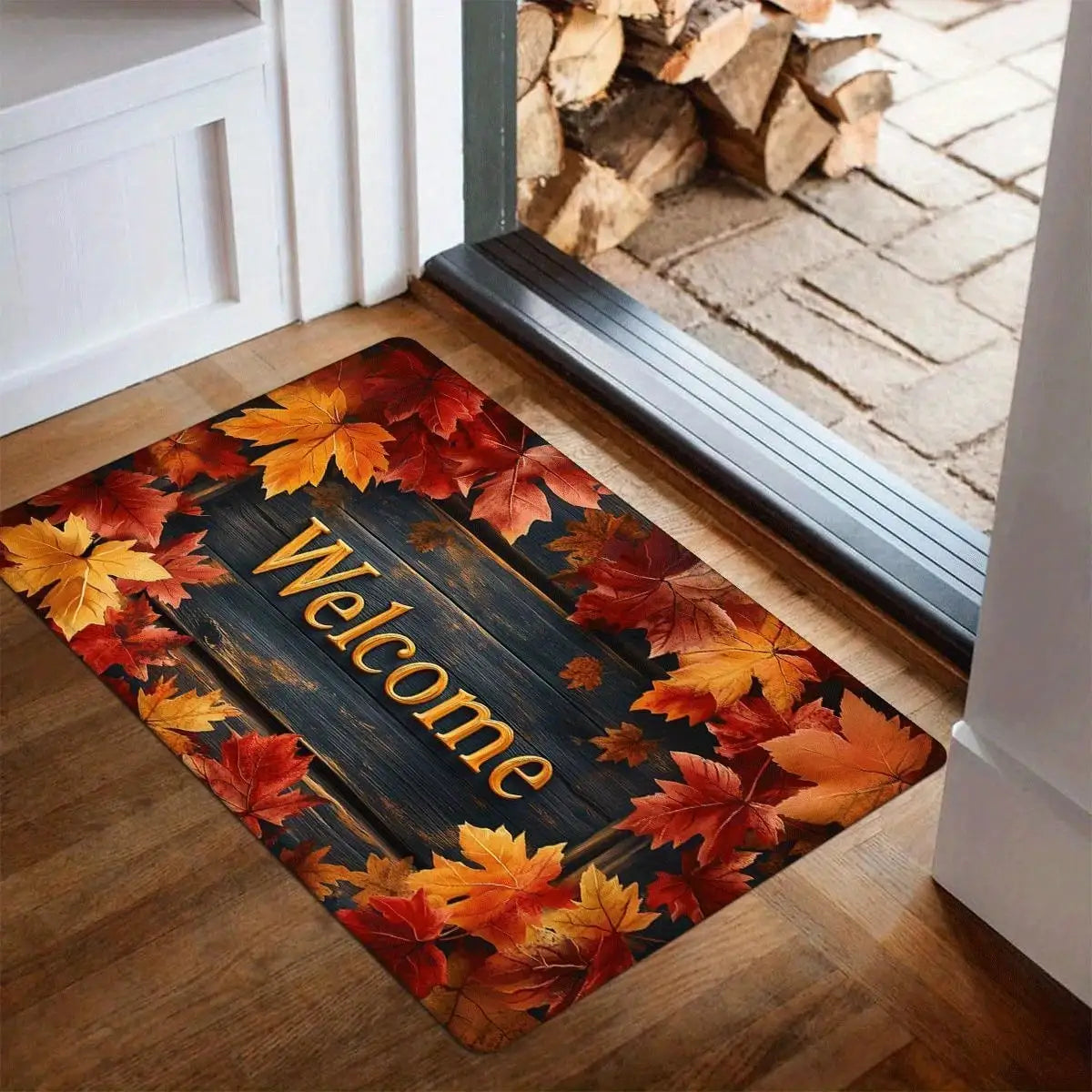 1pc Autumn Maple Leaf Welcome Doormat - Rustic Farmhouse Style Thanksgiving & Halloween Decor, 0. 47inch Thick Machine-Washable Polyester With Non-Slip Backing