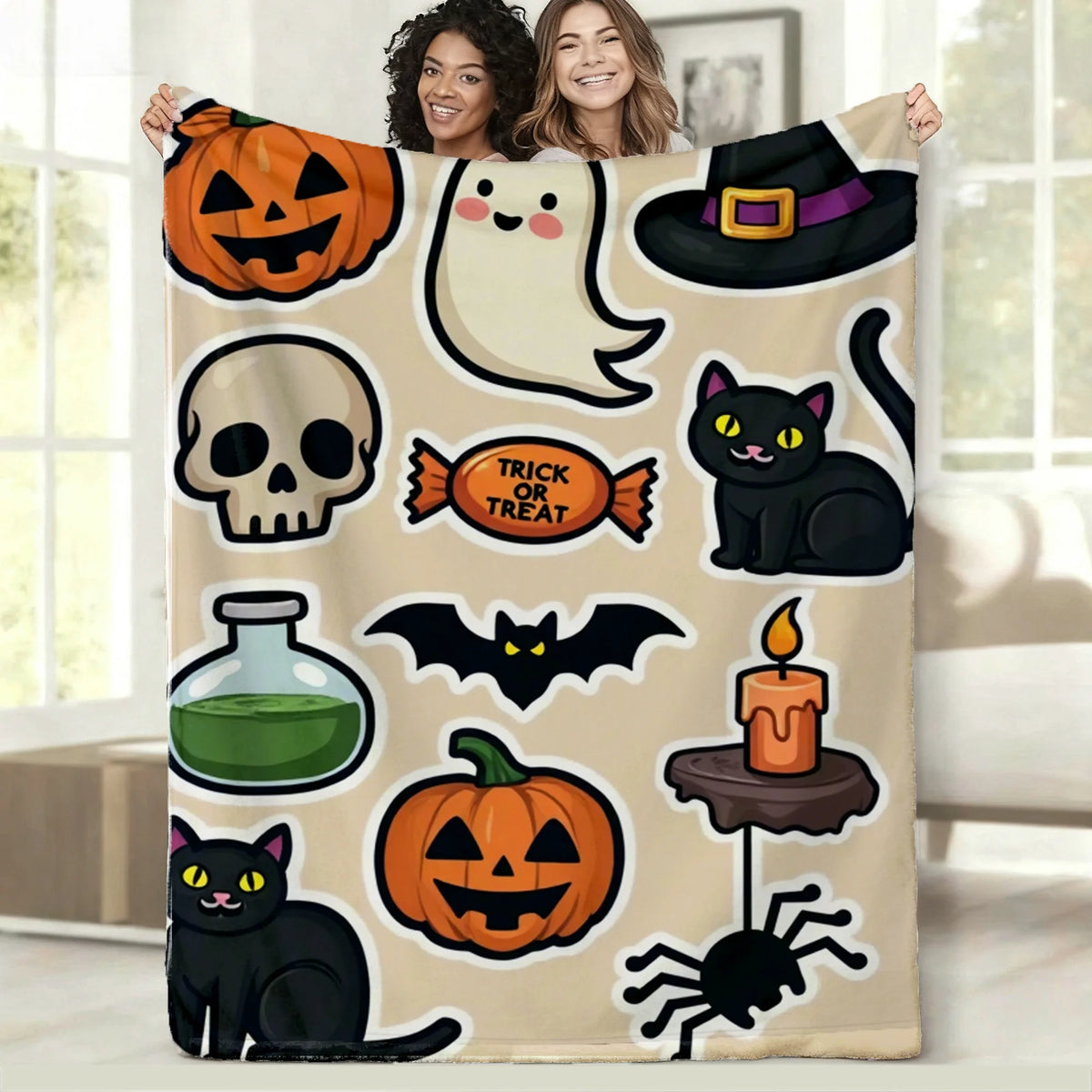 Halloween Cartoon Sticker Flannel Blanket, Festive Jack-O'-Lantern Ghost And Black Cat Pattern on Beige, Soft Warm All-Season Throw for Home Decor, Machine Washable Holiday Gift for Trick Or Treat Celebrations