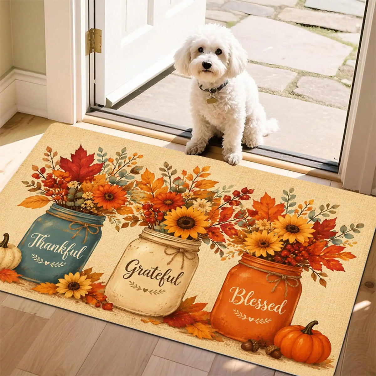 1pc Rectangular Welcome Mat, Autumn Harvest Sunflower And Mason Jar Printed Pattern, Nonslip And Dirtproof Washable Mat, Flannel Material Is Soft, Comfortable