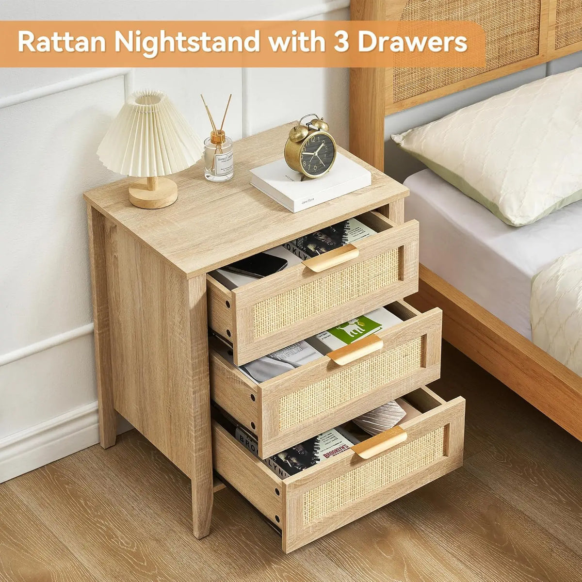 TWISTER CK Rattan Nightstand Cabinet With Three Storage Drawers