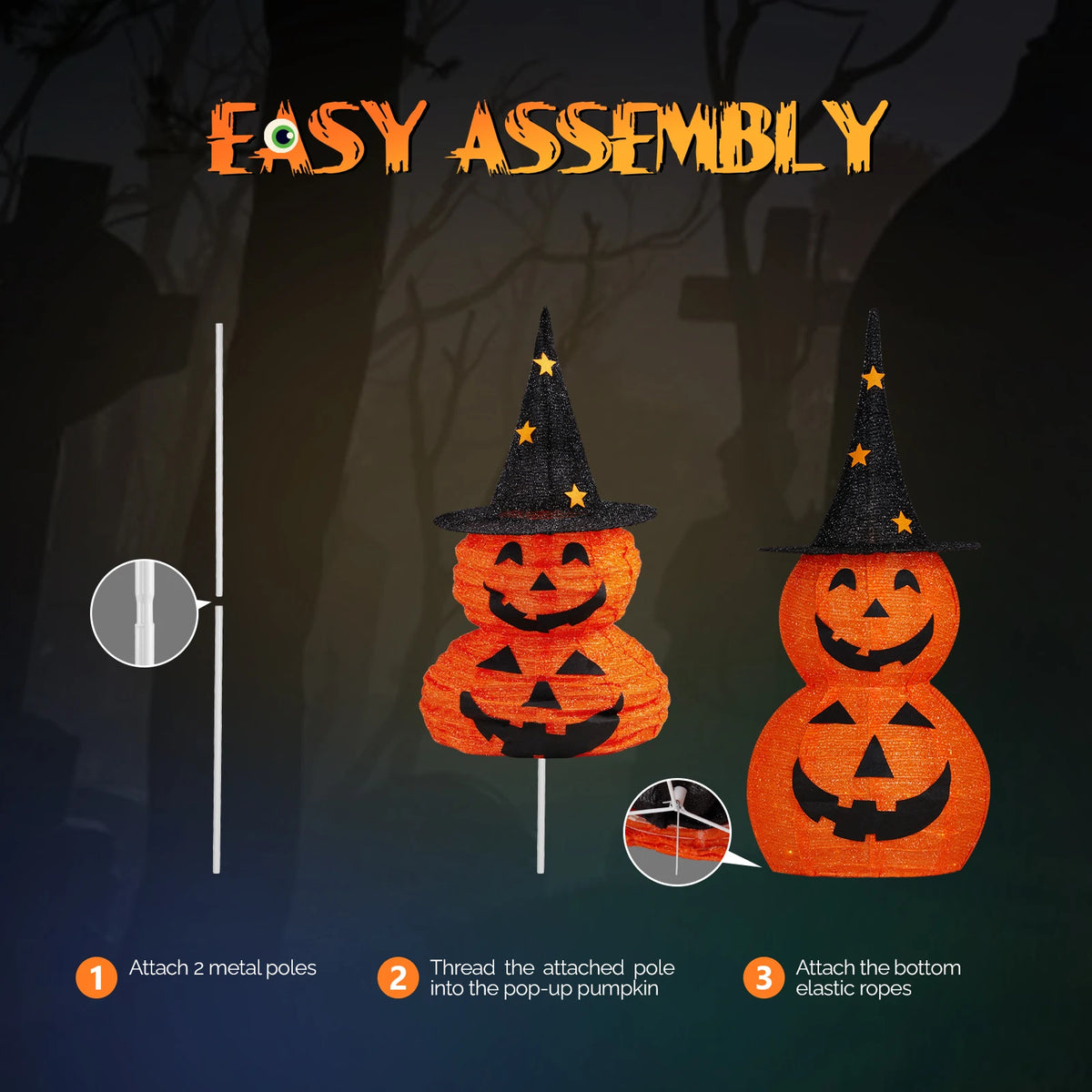 2Pcs 3FT Halloween Collapsible Pumpkin Decorations with 150 Warm LED Lights, Pop Up Lighted Pumpkin Ornament for Yard Lawn Holiday Decor