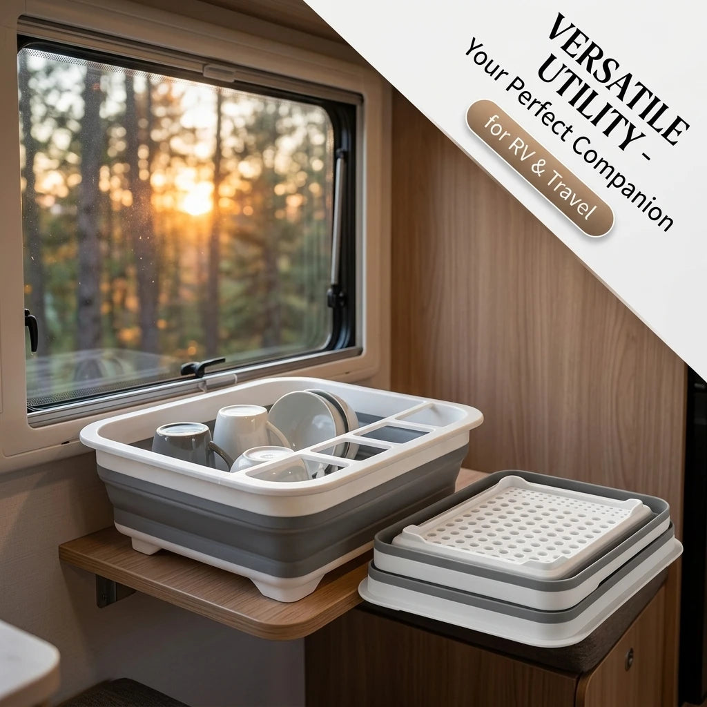 Collapsible Dish Drying Rack with Utensil Organizer Foldable Dish Drainer for Kitchen Counter Space Saving Portable Dish Rack for RV Camper Apartment Travel Kitchen Sink Storage 36.5 x 31.4 x 13 CM Grey and White