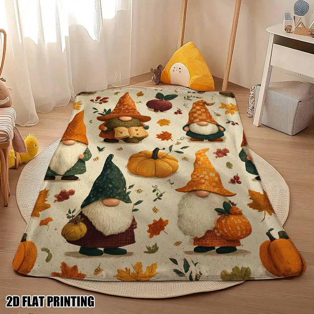 1pc Warm Thanksgiving Gnomes Printed Flannel Throw Blanket - Suitable for Bed, Sofa, Floor, and Office - The Perfect Comfortable Experience for All Seasons