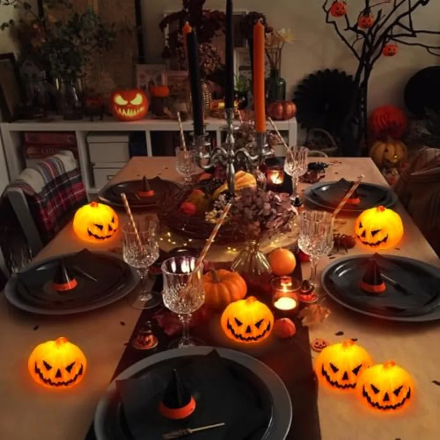 6 Pack Halloween Pumpkin Flameless Candles Battery Operated LED Tealight Candles for Home Room Decorations, Light Up Halloween