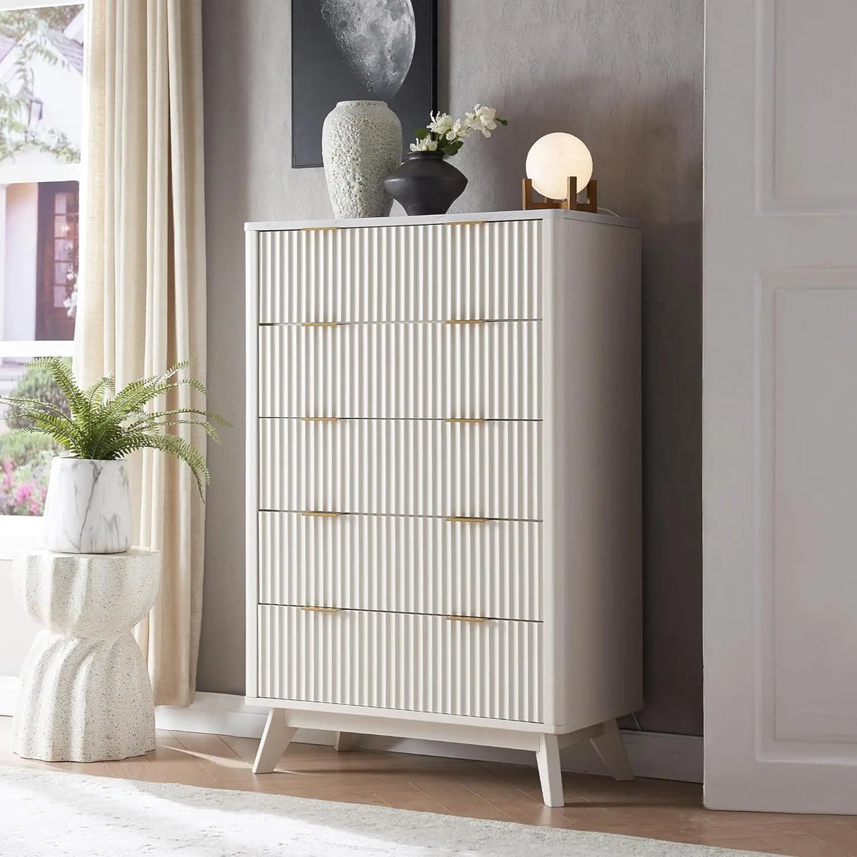 Fluted 5 Drawer Storage Dresser, Tall Modern Chest with Ample Deep Drawers and Wide Top, Wooden Organizer for Living Room