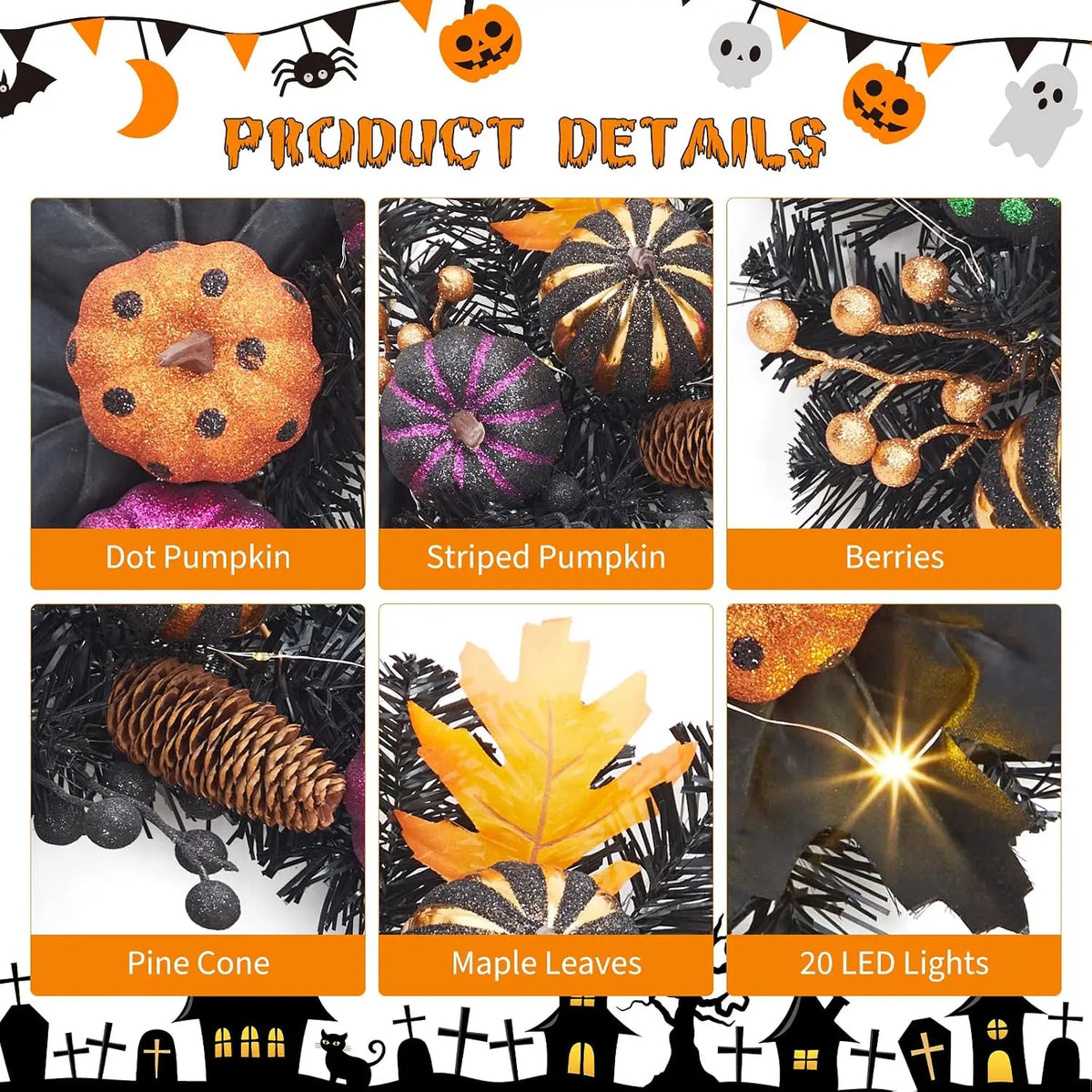 Tacleekii Halloween Pumpkin Wreath 20 Inch Pre Lit Wreath with LED Lights Maple Leaves and Berries Halloween Front Door Hanging Decor