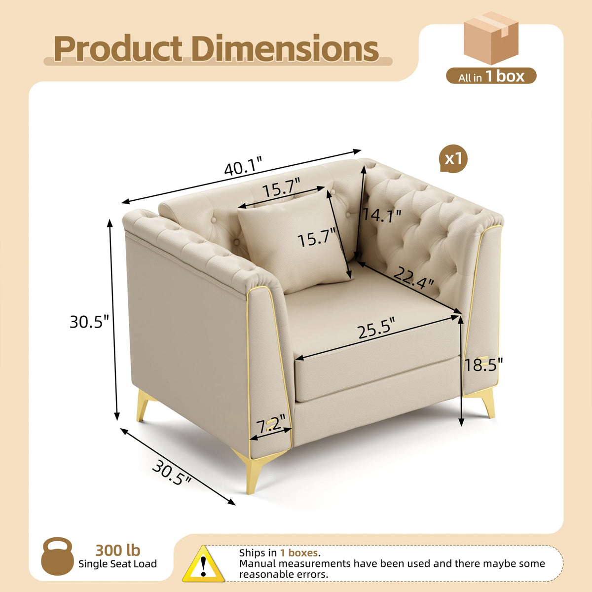 40.1" Light Luxury 1-Seater Chesterfield Style Sofa Faux Leather Upholstered Single Sofa Chair Armchair with Handmade Button Tufted Backrest Metal Trim Armrests & Slim Metal Legs Comfortable Thick Seat Cushion Accent Furnitur