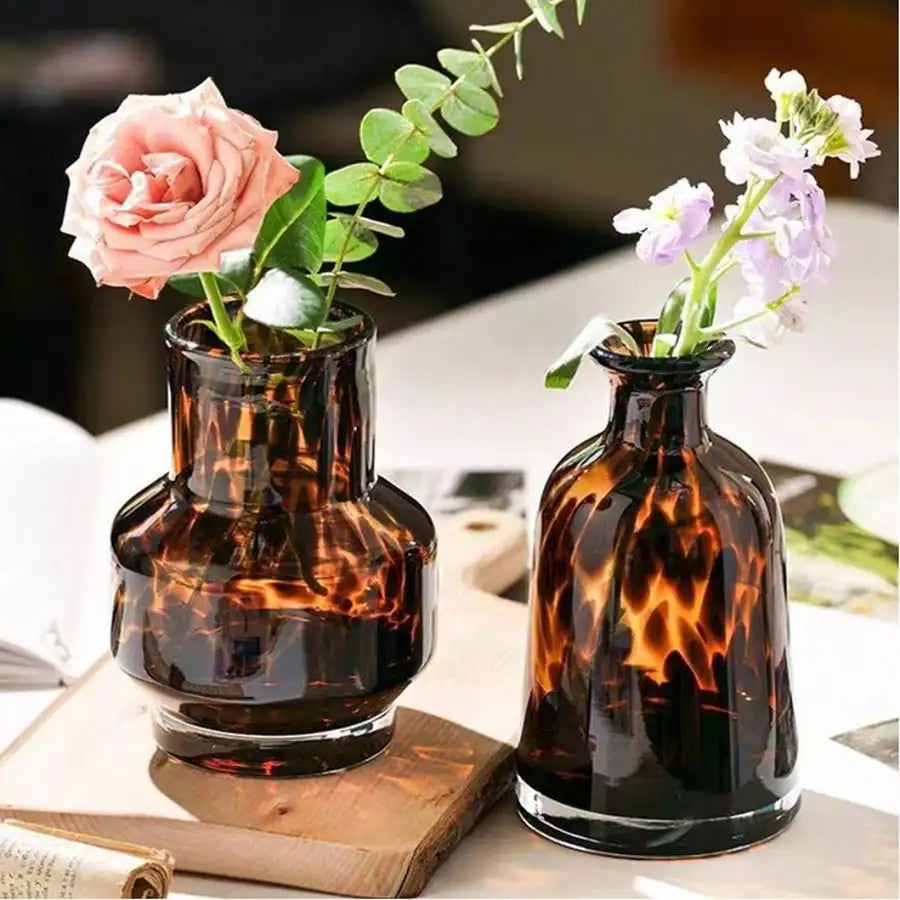 1pc Classic Leopard Print Glass Vase - Elegant Tortoise Shell Design, Decorative Cylindrical For Display In Living Rooms, Bedrooms, Offices And Gardens, No Battery Required。sh25090907876716611