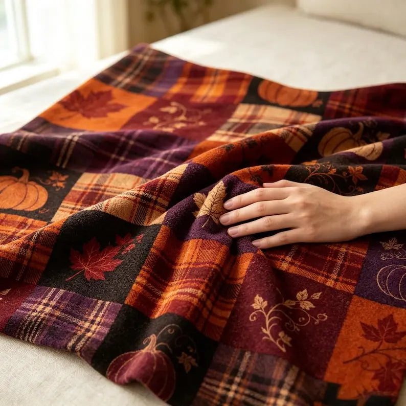 Patchwork Flannel Throw Blanket, Autumn Plaid Pumpkin Maple Leaf, Rustic Harvest Home Decor