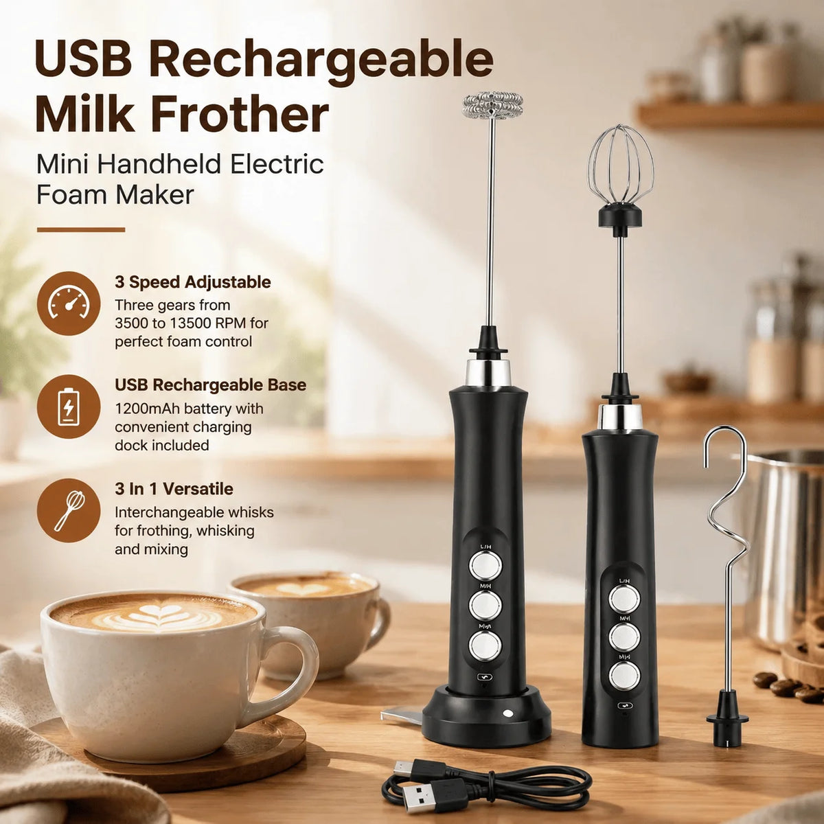 Electric Milk Frother 3 Speed Handheld Coffee Mixer With USB Rechargeable Base 3 In 1 Versatile Foam Maker Premium Stainless Steel Whisk For Cappuccino Latte Hot Chocolate Compact Wireless Egg Beater Portable Mini Kitchen Gad