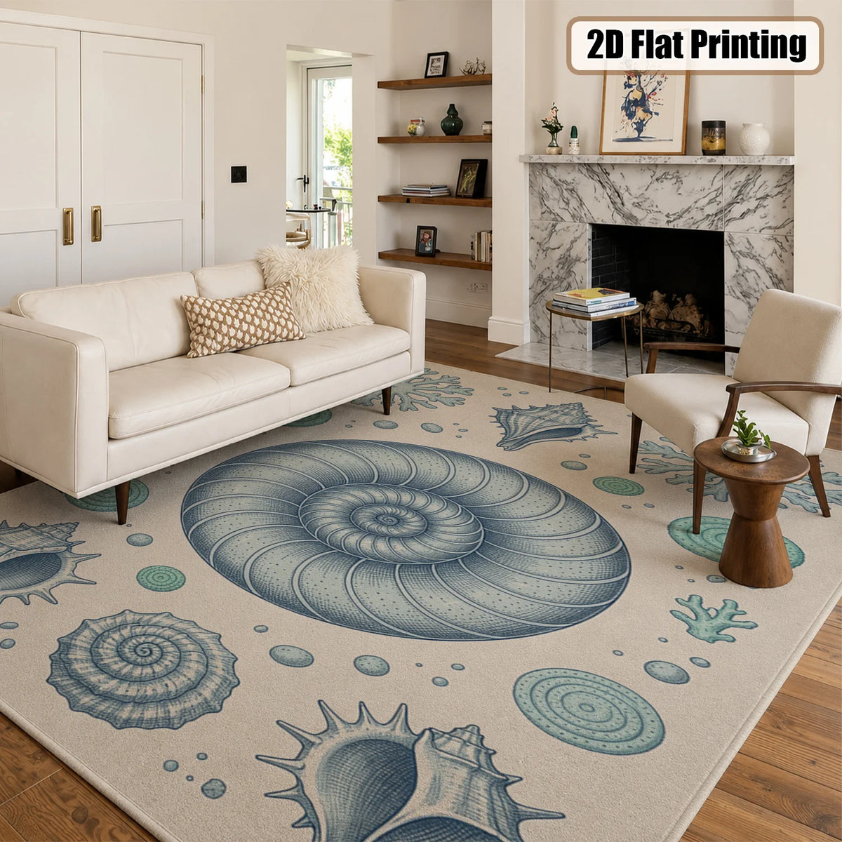 Coastal Seashell Nautilus Coral Pattern Velvet Area Rug, Machine Washable Soft Floor Mat for Living Room Bedroom Dining Room Entryway, Perfect for Halloween Thanksgiving Christmas New Year Home Decor