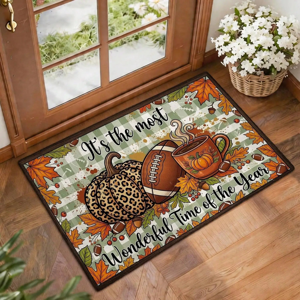 Pumpkin Football Coffee Cup Welcome Door Mat, Autumn Rustic Floor Rug With Football Theme Design, Non-Slip Outdoor Carpet For Bedroom, Front Door, Entryway