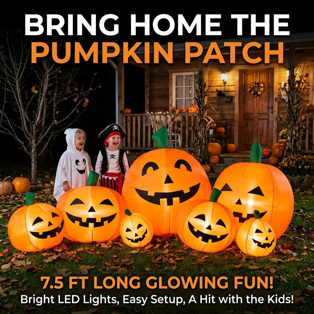 7.5FT Halloween Inflatable Pumpkin Decoration LED Blow Up Pumpkin Patch with 7 Pumpkins Bright Light Boards Outdoor Yard Decor for Garden Lawn Party Inflatable Toys for Kids Indoor Airblown USA Stock Warehouse New Arrivals Sp