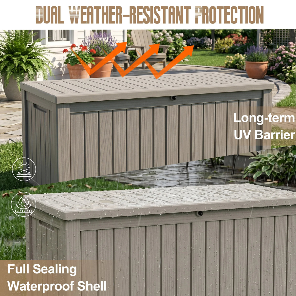 Oversized 120 Gallon Vertical Wood-Look Resin Outdoor Storage Box, All Season Lockable Deck Organizer for Large Patio Cushions & Yard Care Gear