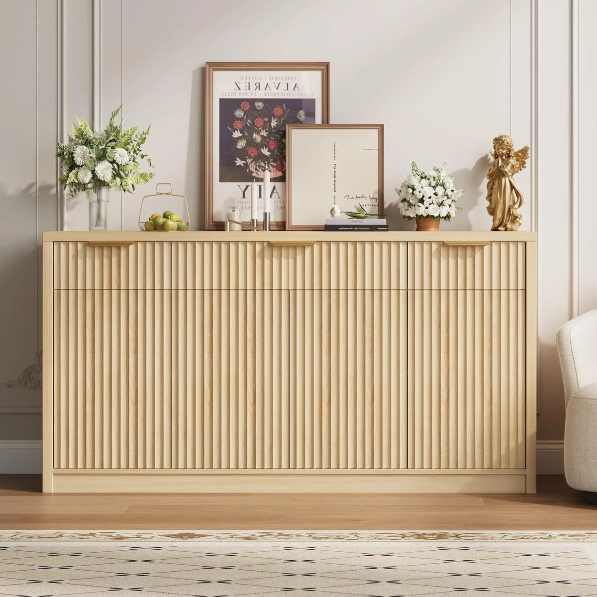 HiMISS Fluted Buffet Sideboard Cabinet With Drawers And Doors