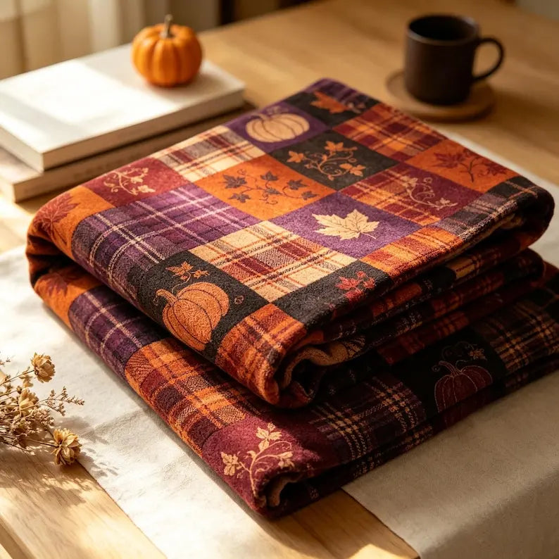 Patchwork Flannel Throw Blanket, Autumn Plaid Pumpkin Maple Leaf, Rustic Harvest Home Decor
