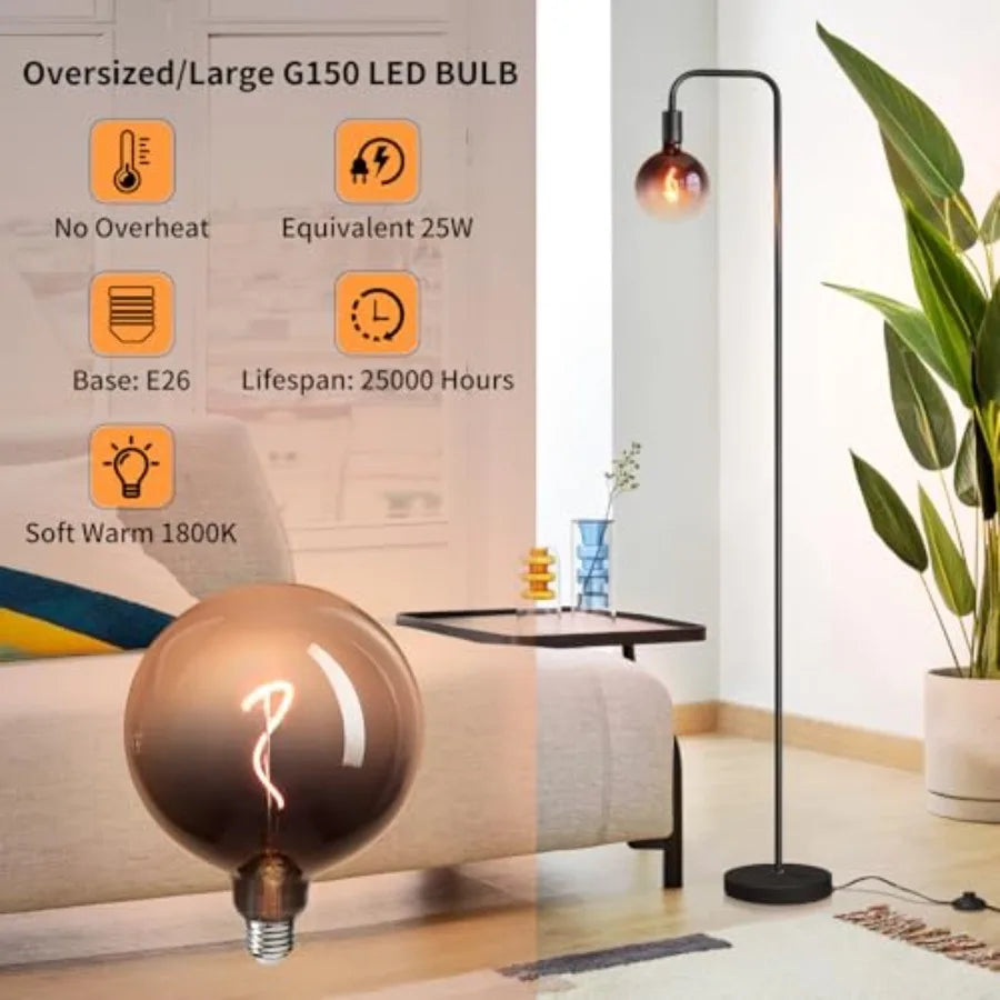 Floor Lamp for Living Room - Minimalist Industrial Standing Lamp with Modern LED Bulb, Globe Black Clear Glass 6", 1800K Warm A