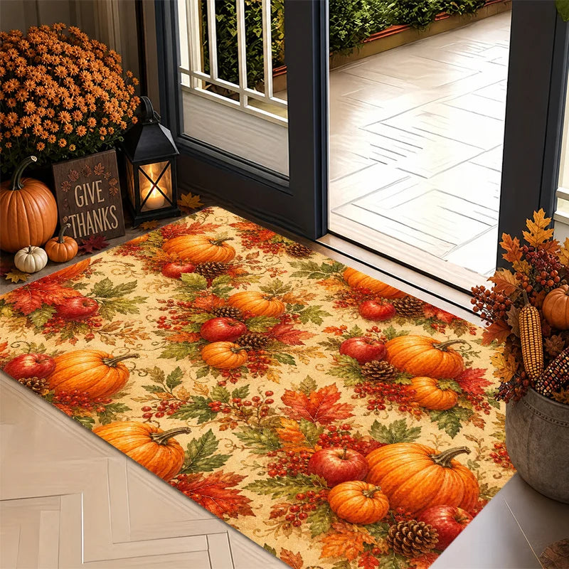 1pc Autumn Harvest Non-Slip Suitable for Thanksgiving Farmhouse Decor, Soft Flannel Indoor Entrance Mat with Pumpkin Maple Leaf Apple Pinecone Berry Print