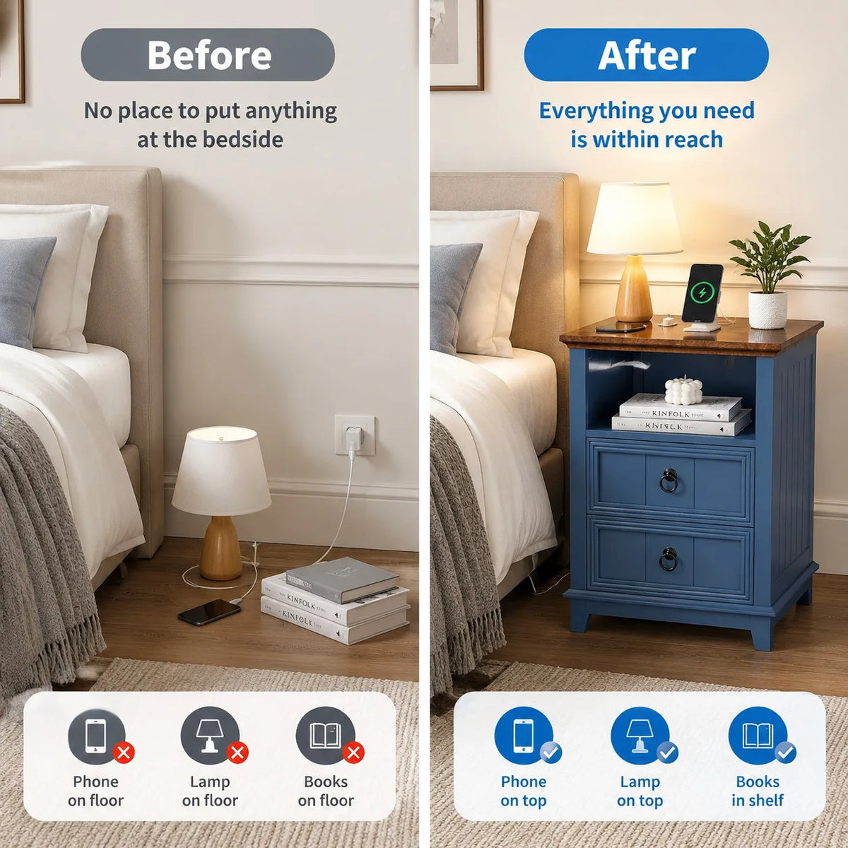 18 Inch Wood Nightstand with USB Charging Station Modern Fluted Bedside Table 2 Drawer End Table with Storage Shelf for Bedroom Living Room Home Office Apartment Dorm Blue