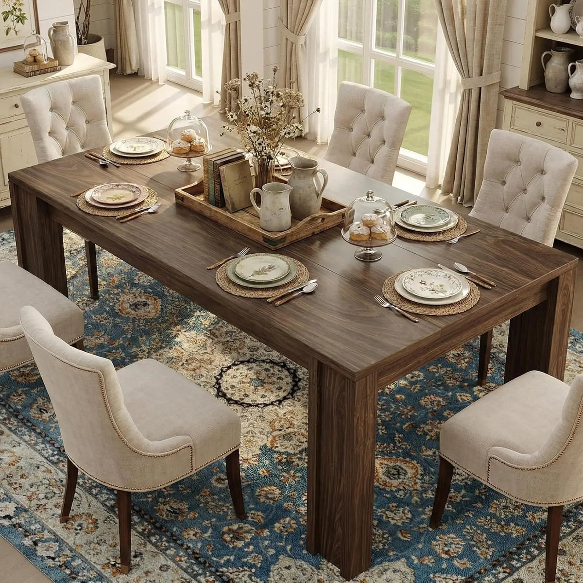 HiMiss Farmhouse Rectangular Wood Dining Table With Sturdy Construction