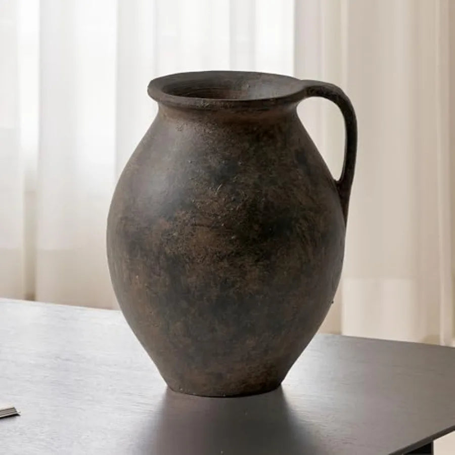 Brown ceramic large vase for home decor 11.2 tall Zen style terra cotta texture distressed farmhouse finish decorative flower c