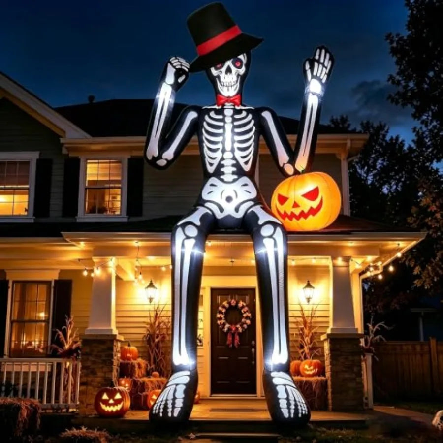 Halloween outdoor blow up decor: 12FT sitting skeleton with pumpkin, PVC material, black/white, built-in LEDs, quick inflation