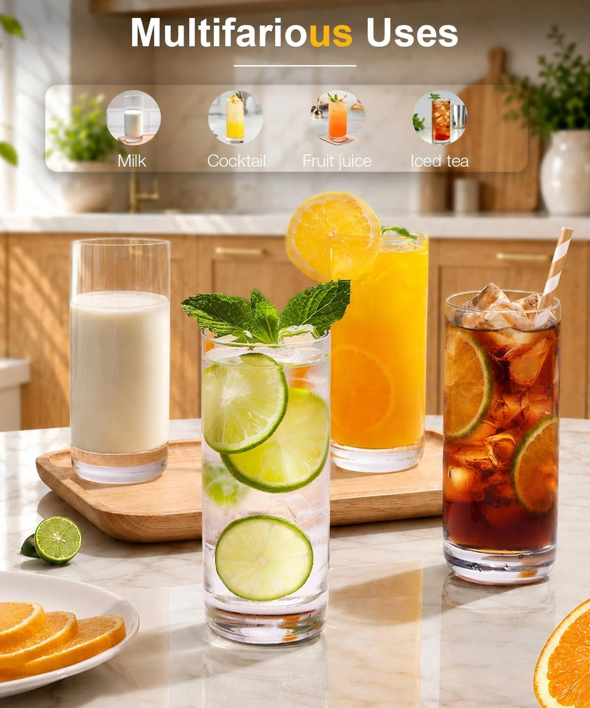 Drinking Glasses Set of 8, 16Oz Crystal Highball Glasses, Clear Tall Glass Cups, Water Glass for Kitchen, Tom Collins, Juice, Whiskey, Mojito Cocktail Glasses for Bar Glassware, Gift