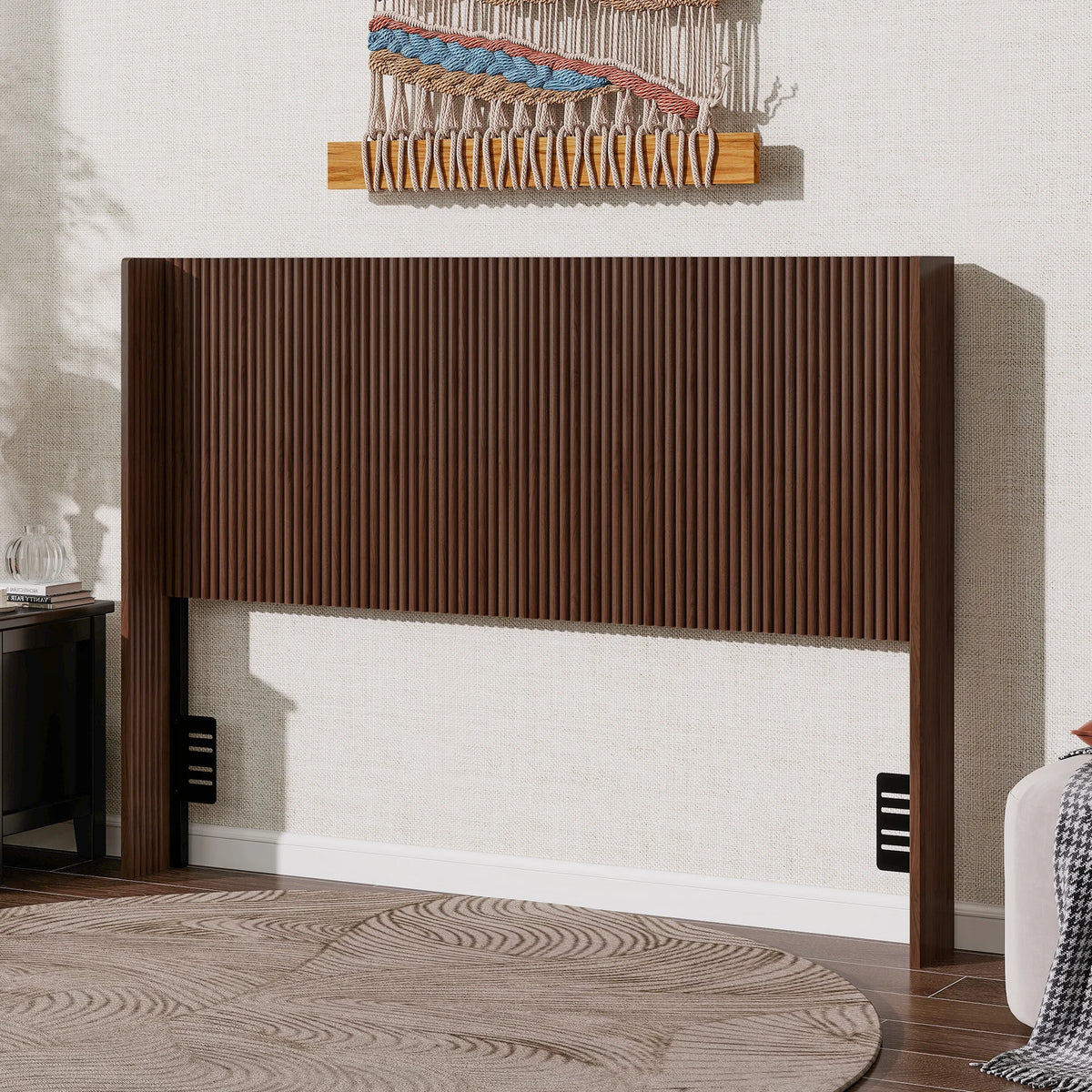 Walnut Fluted Headboard Adjustable Height Bed Frame Twin Full Queen No Drill Freestanding Headboard Mid-Century Modern Bedroom Furniture