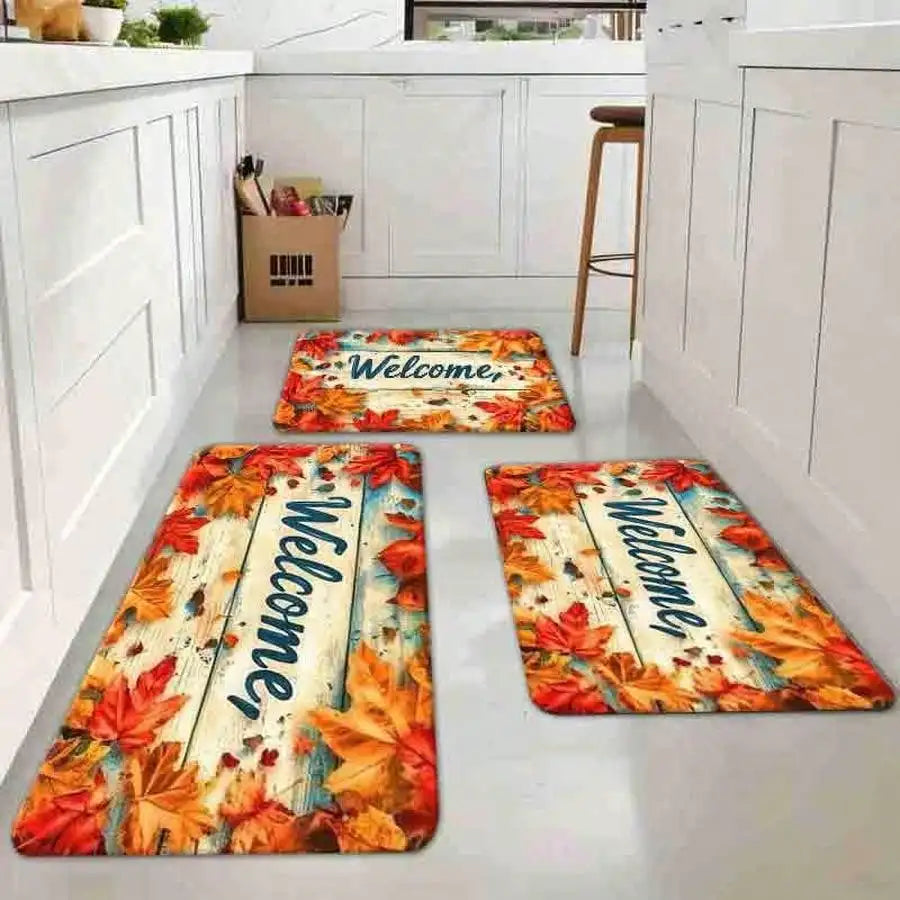 1pc Flannel Floor MatRustic Distressed Wooden Welcome Doormat With Vibrant Autumn Maple Leaves Fall Harvest Decorative Floor MatNon-Slip, Machine Washable, Soft
