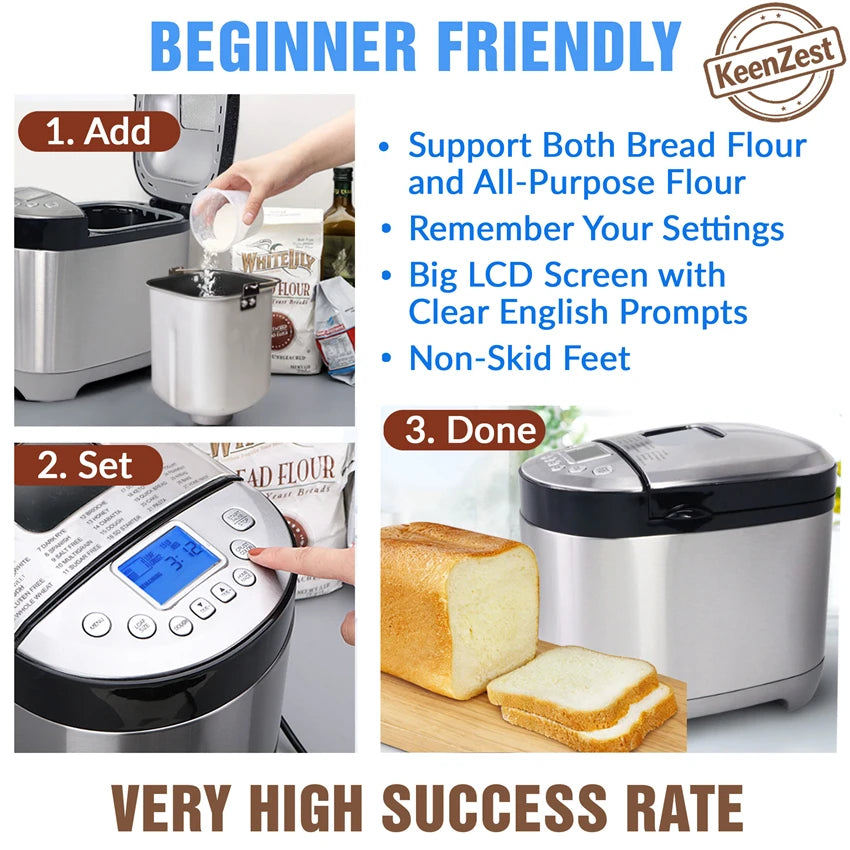 KeenZest 27-in-1 Smart Bread Maker with Gluten Free Setting 2LB Whole Wheat Bread Machine with Homemade Cycle Recipes Included