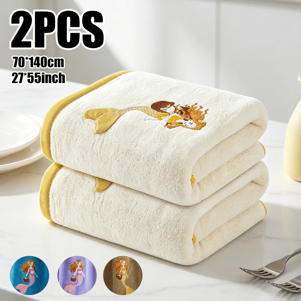 2‑Pack Coral Velvet Bath Towels, Mermaid Embroidered Pattern, Soft & Cozy, High Water Absorbency, Ideal for Bathing, SPA, Swimming, Yoga, Salon Use