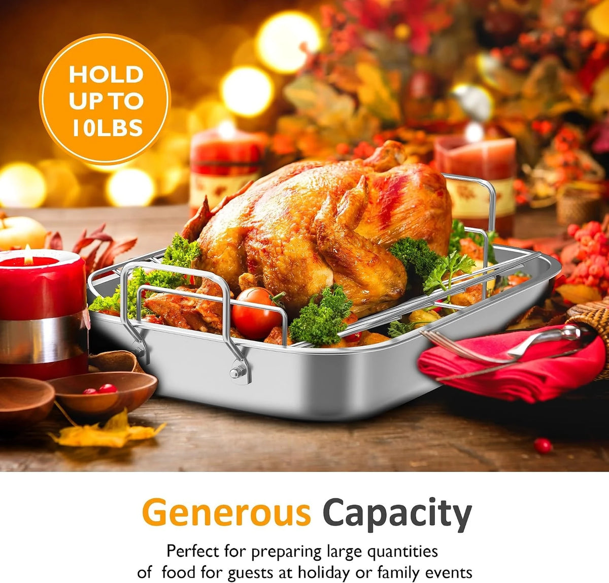 15.6'' Roasting Pan With V-Shaped Rack, Heavy Duty Non-Stick Stainless Steel Roaster For Turkey, Lasagna Pan With Handles