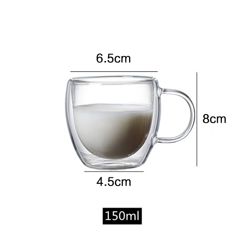 150/250/350/450ml Heat‑Resistant Double‑Wall Transparent Glass Mug For Coffee Tea Milk Whiskey Wine Cold‑Beverage Household Drinkware