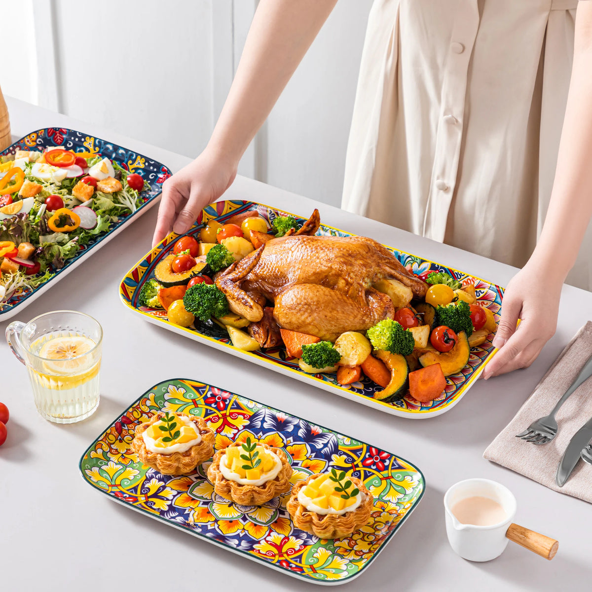 Vancasso 3/6 Piece Long Plate Ceramic Salad Plates Set 3 Size Rectangular Dessert Plates for Cake/Salad/Appetizer Oven Safe