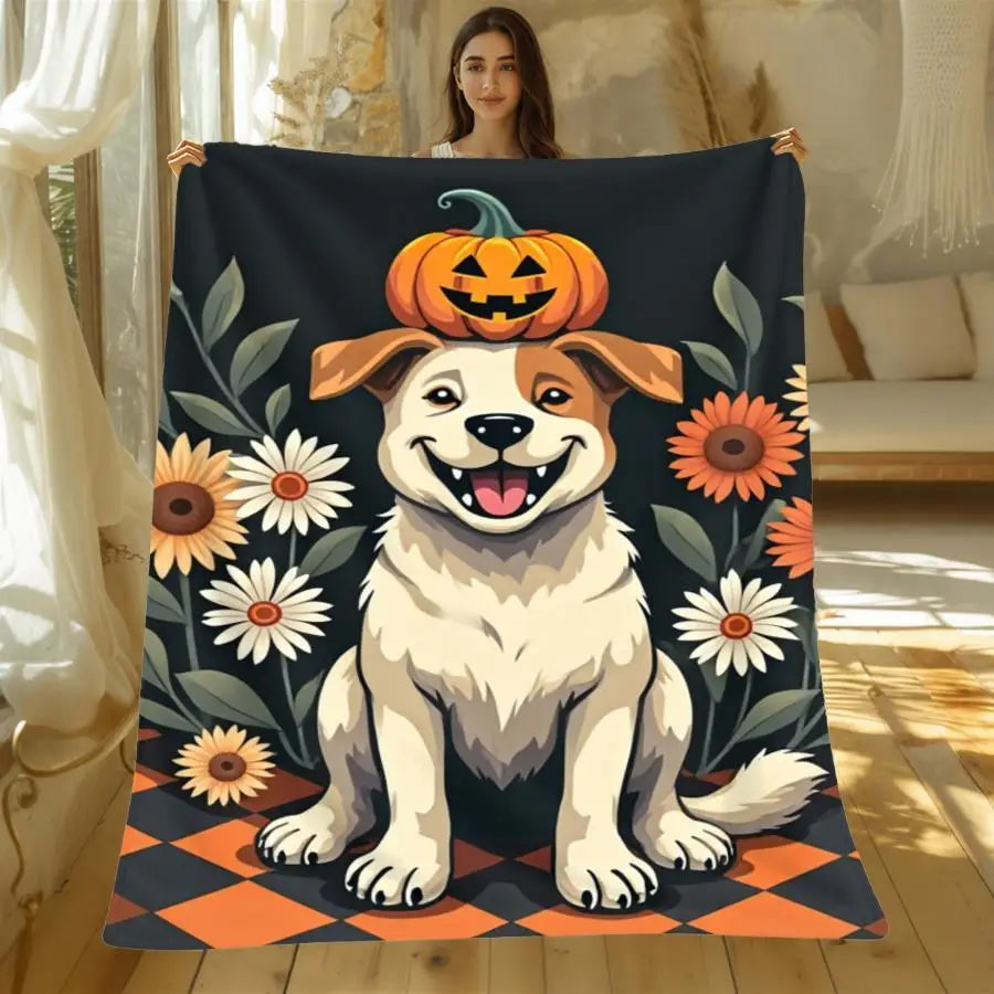1pc 280GSM Cooling Flannel Throw Blanket, Halloween Design with Smiling Dog and Jack-o-lantern, Soft Skin-friendly Fluffy Fabric for Room, Sofa, Party, Indoor and Outdoor Use 2D Flat Weighted Blanket, 2D Flat