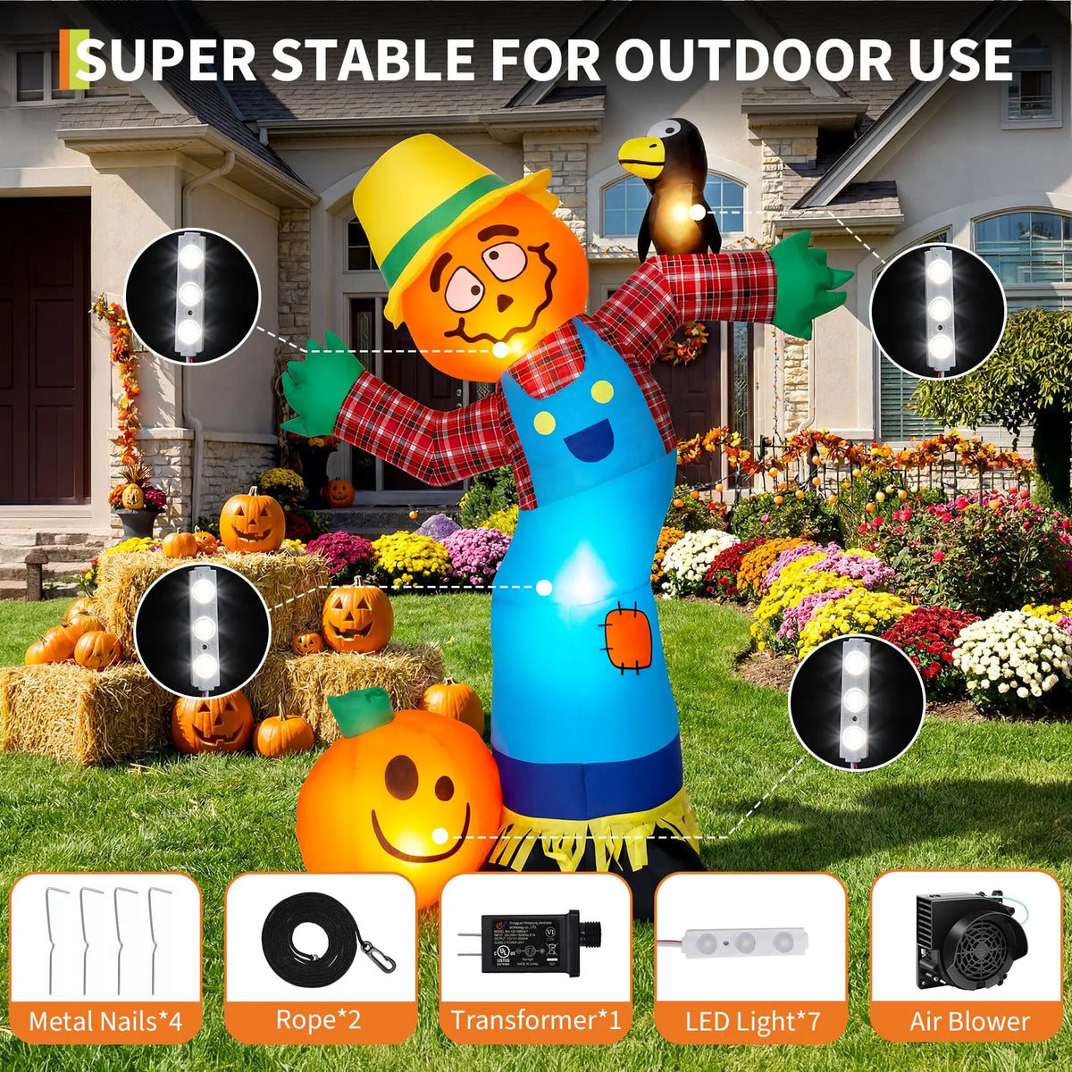 6ft Halloween Pumpkin Scarecrow Inflatable Outdoor Yard Decor With 7 Led Lights, Blower, Stakes & Ropes For Lawn Porch Garden Party