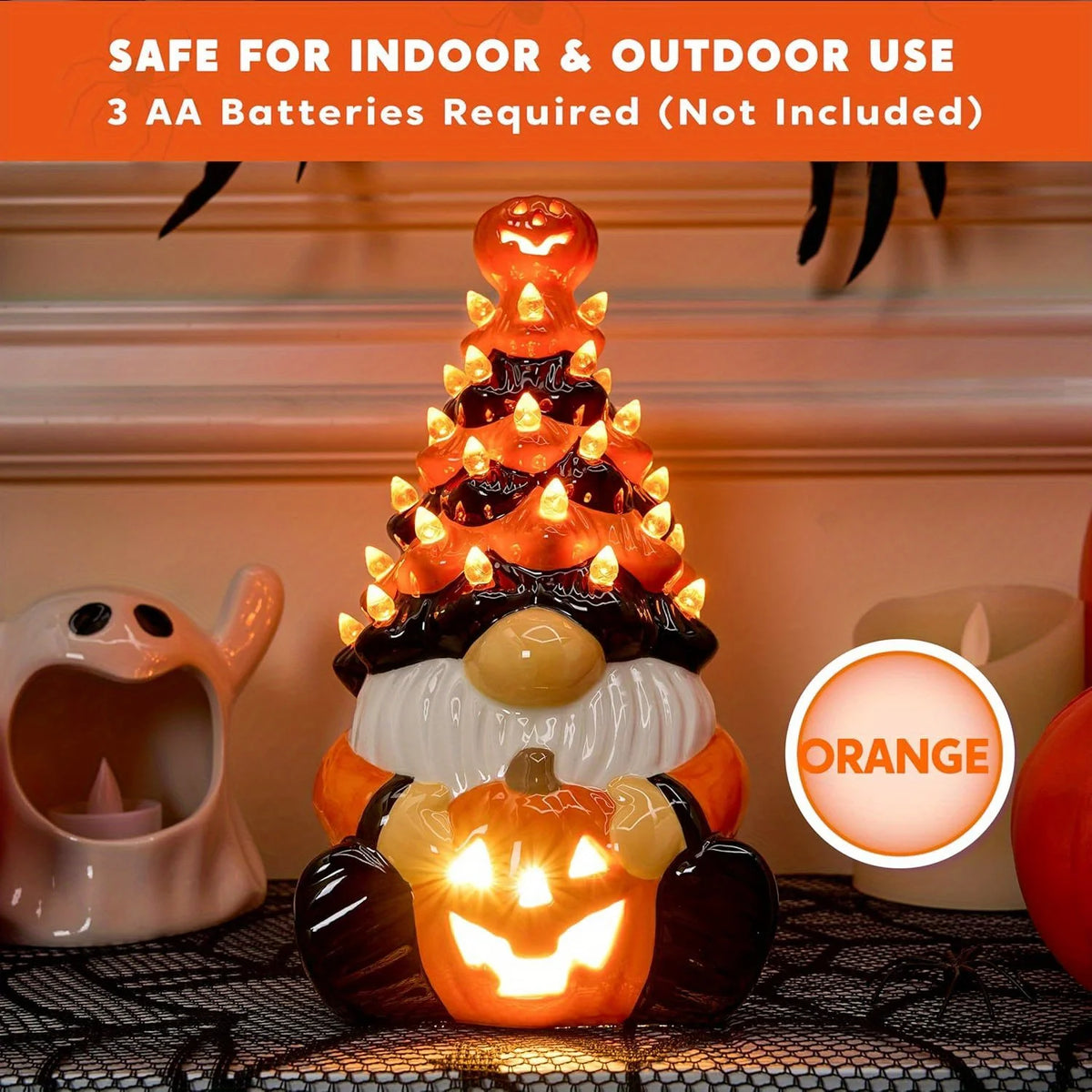8.5inch Pumpkin Gnome Ceramic Tree Halloween Decoration with Build-in LEDs Tabletop Decor for Halloween Indoor Party Supplies Decoration, Battery Operated, Home Party Decors