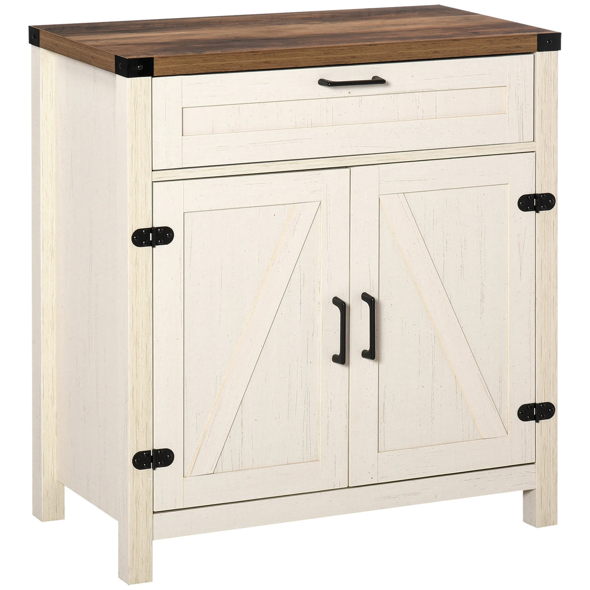 Sideboard with Storage Drawer, Modern Farmhouse Kitchen Cabinet with 2 Barn Doors, Coffee Bar Cabinet, Distressed White