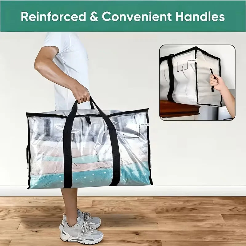 5pcs Heavy-Duty Moving Bags with Reinforced Handle - Oversized Storage Totes, Snap-Close Lid & Plastic Suitable for Clothes, Quilts,, Moving Supplies - Space Saver Bags(Includes 3 Drawstring Pockets)
