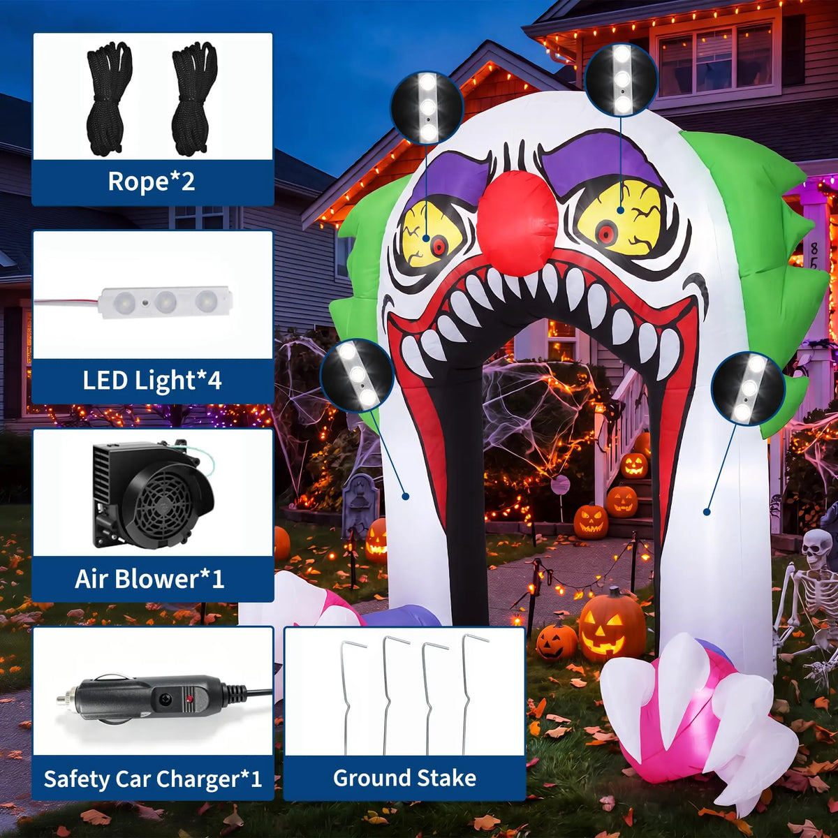 5ft Halloween Clown Inflatable Arch With 4 Led Lights, Blow Up Trunk Or Treat Car Yard Lawn Driveway Party Decoration Outdoor Toy
