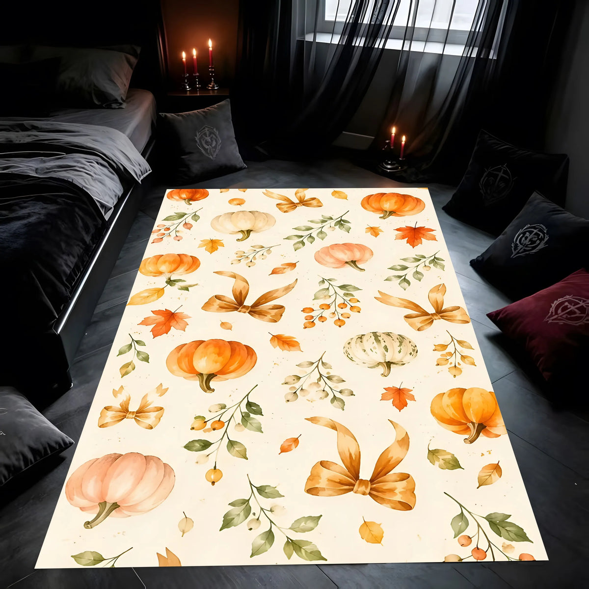 Halloween Carpet 2D Large Rug Pumpkin Bow Maple Leaf Print Retro Watercolor Style Warm Tones Soft Delicate Autumn Thanksgiving a