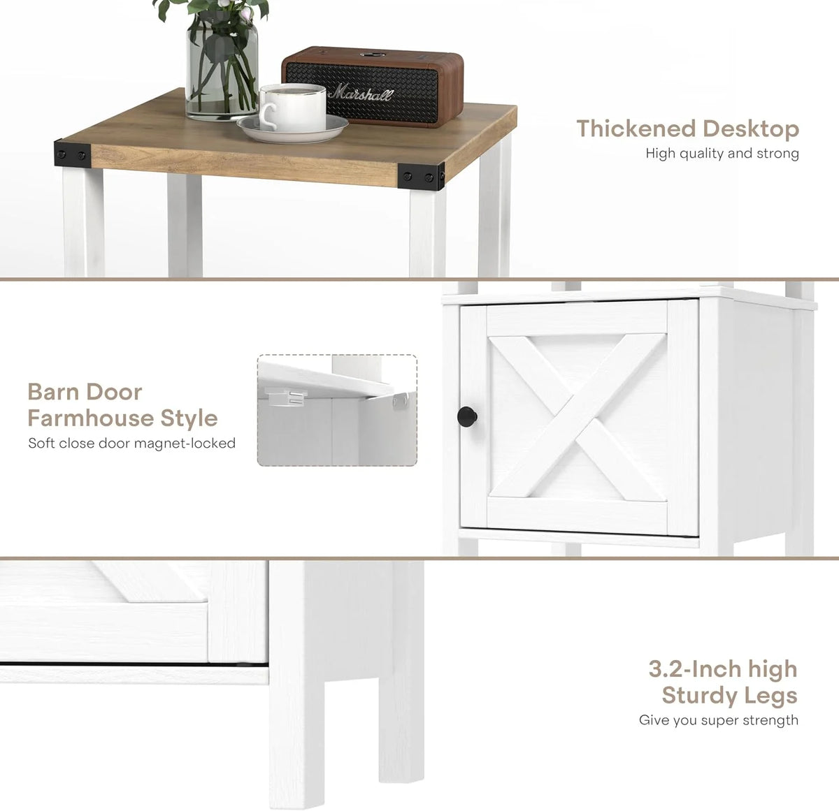 24.8"Farmhouse Nightstand Set 2, Wood Bedside Table with Barn Door Storage for Bedroom Living Room, White/Beige